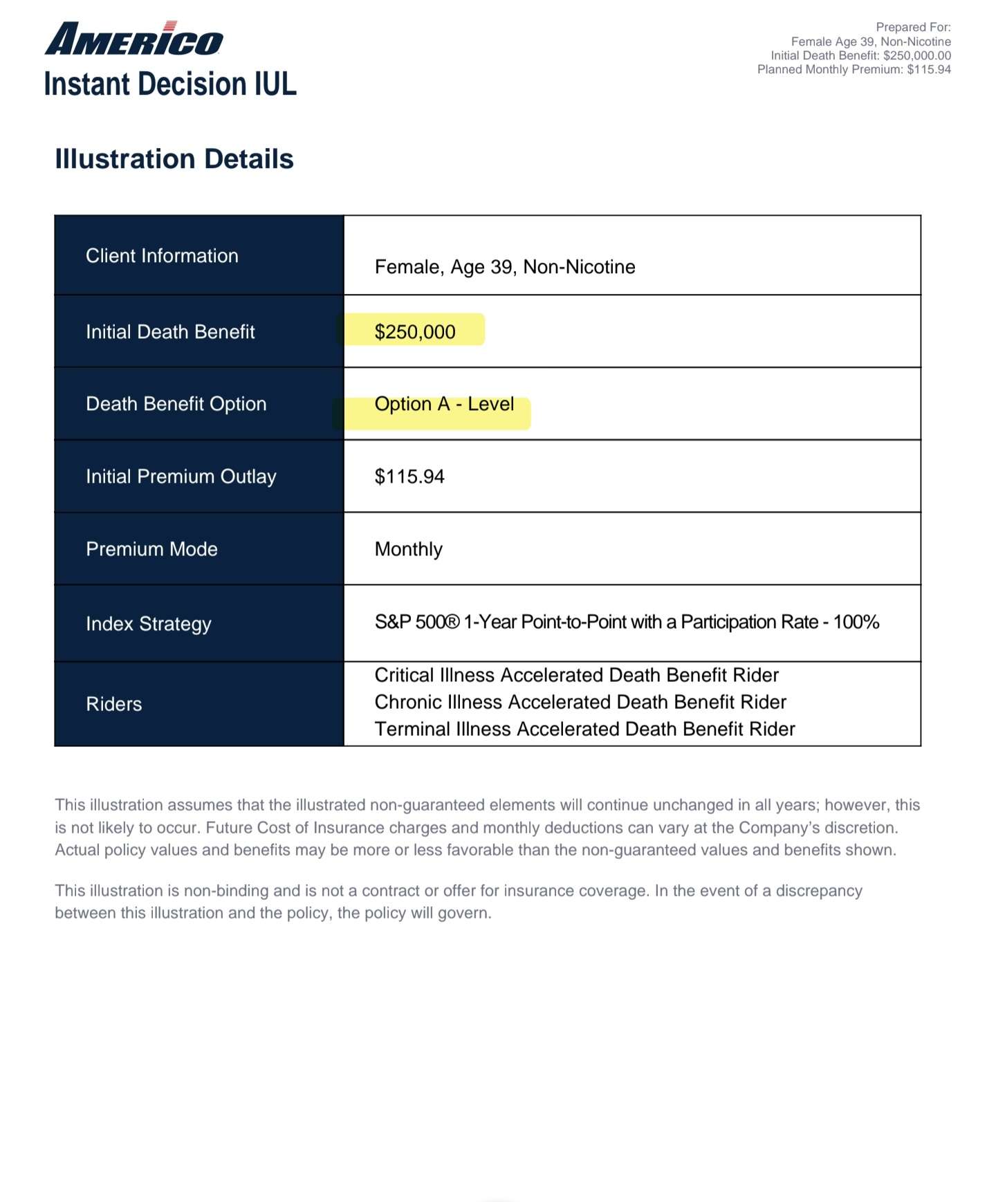 Life insurance illustration showing Option A level death benefit and initial death benefit highlighted
