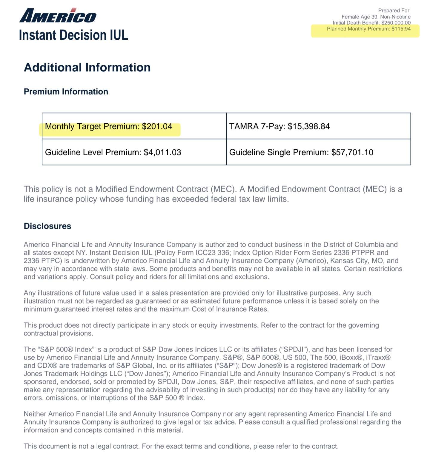 Life insurance illustration showing target premium and planned premium highlighted